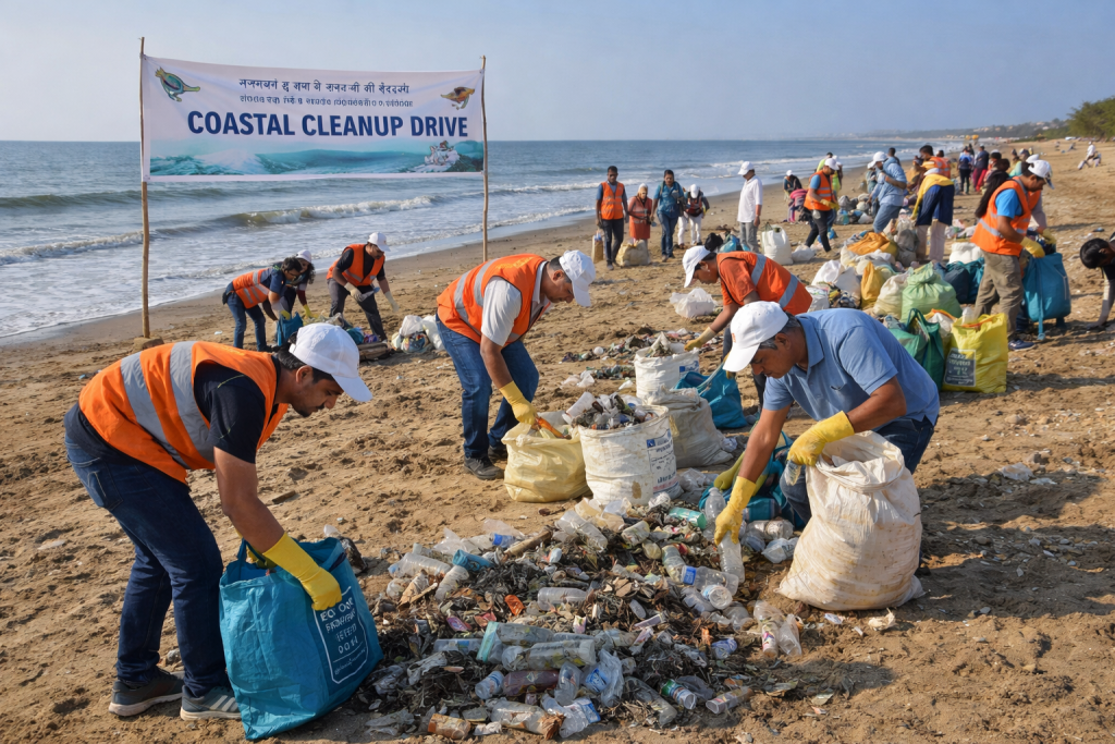 coastal cleanup drive along the Bhavnagar coastline chatgpt image jan 21, 2026, 11 24 14 am